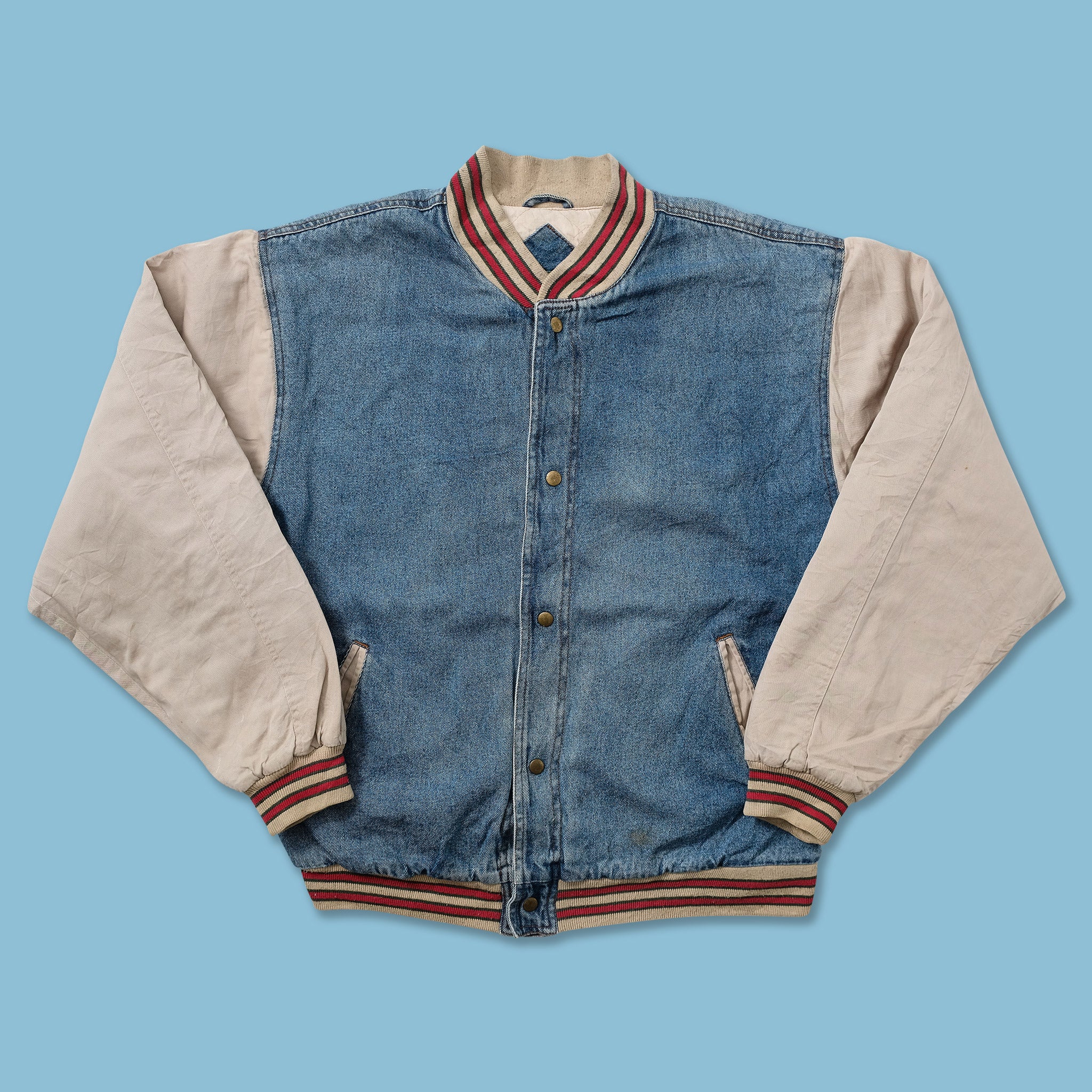 Vintage denim varsity clearance jacket with khaki sleeves