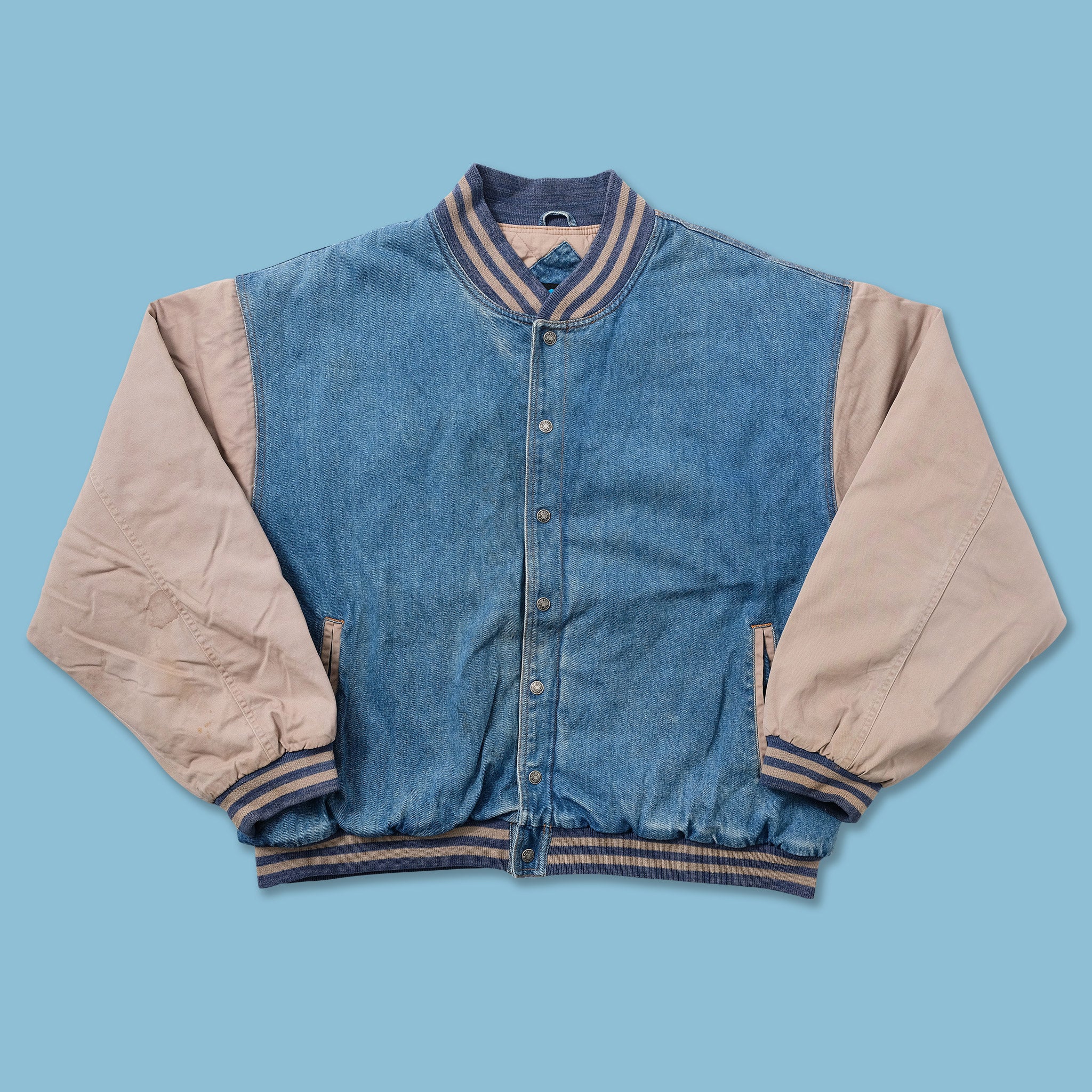 Denim varsity jacket with khaki clearance sleeves