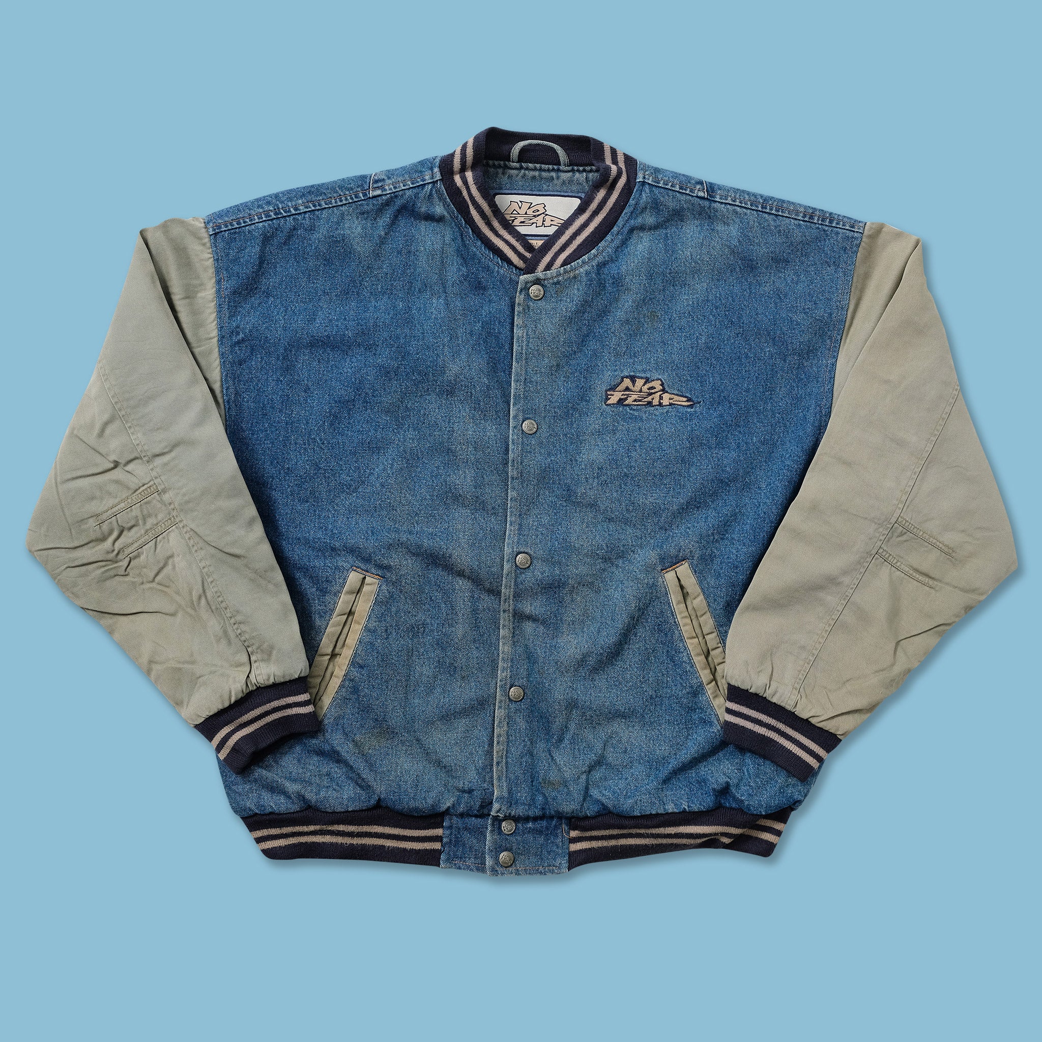 Vintage No Fear Denim Varsity Jacket Large Double Double Vintage