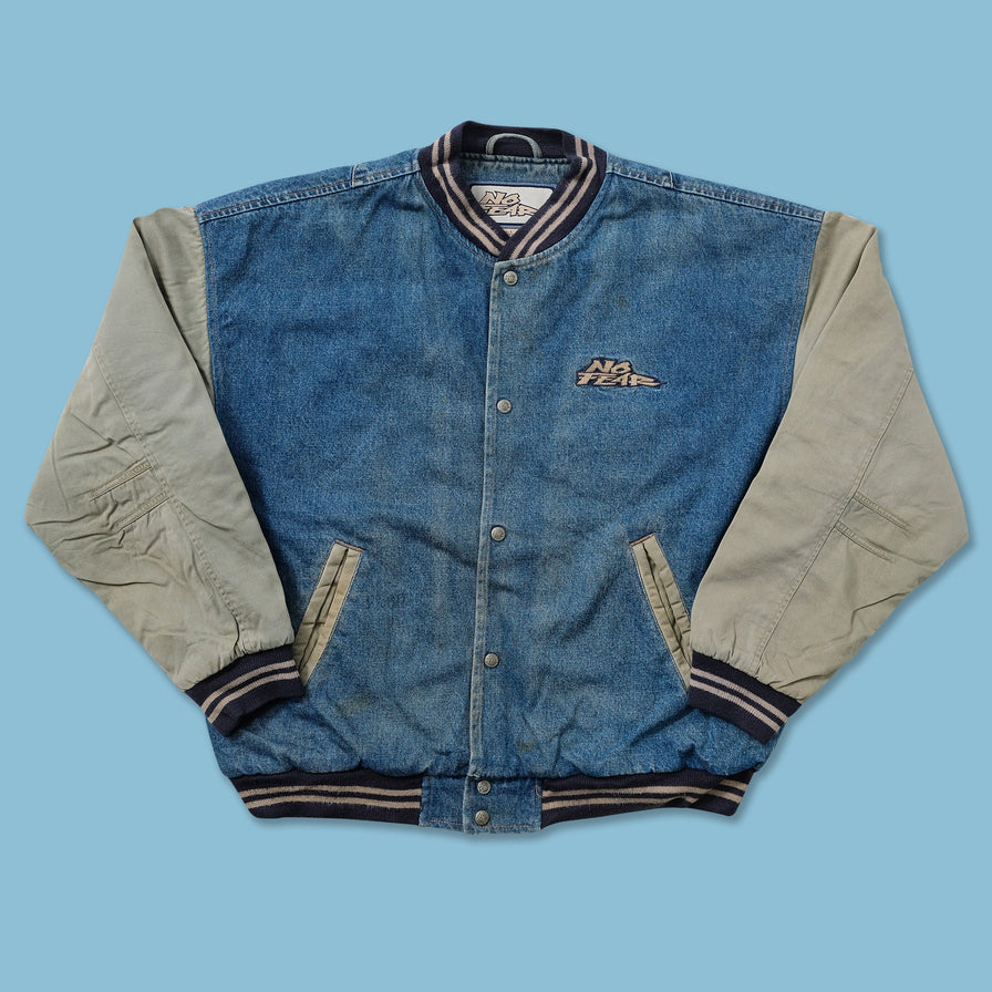 Vintage No Fear Denim Varsity Jacket Large 