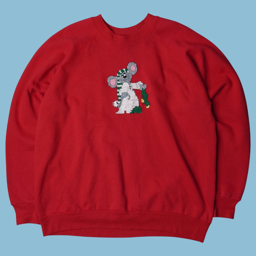 Vintage 90s Christmas Mouse Cross Stitch Sweater - L