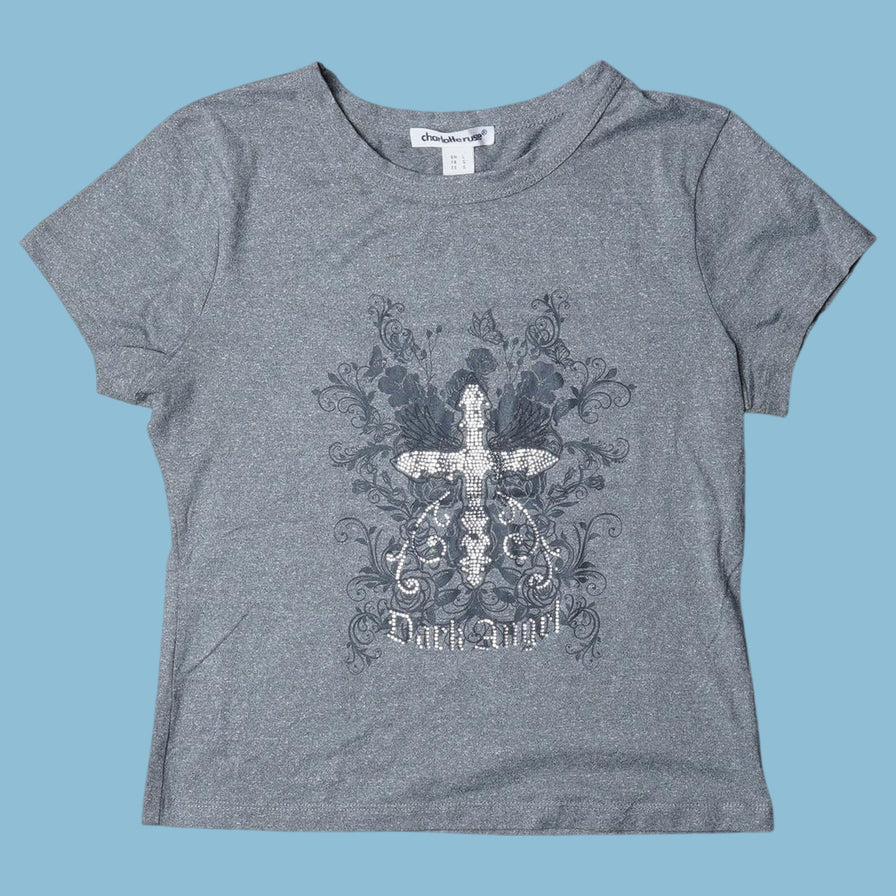 Vintage Y2K Dark Angel Rhinestone Cross T-Shirt - L