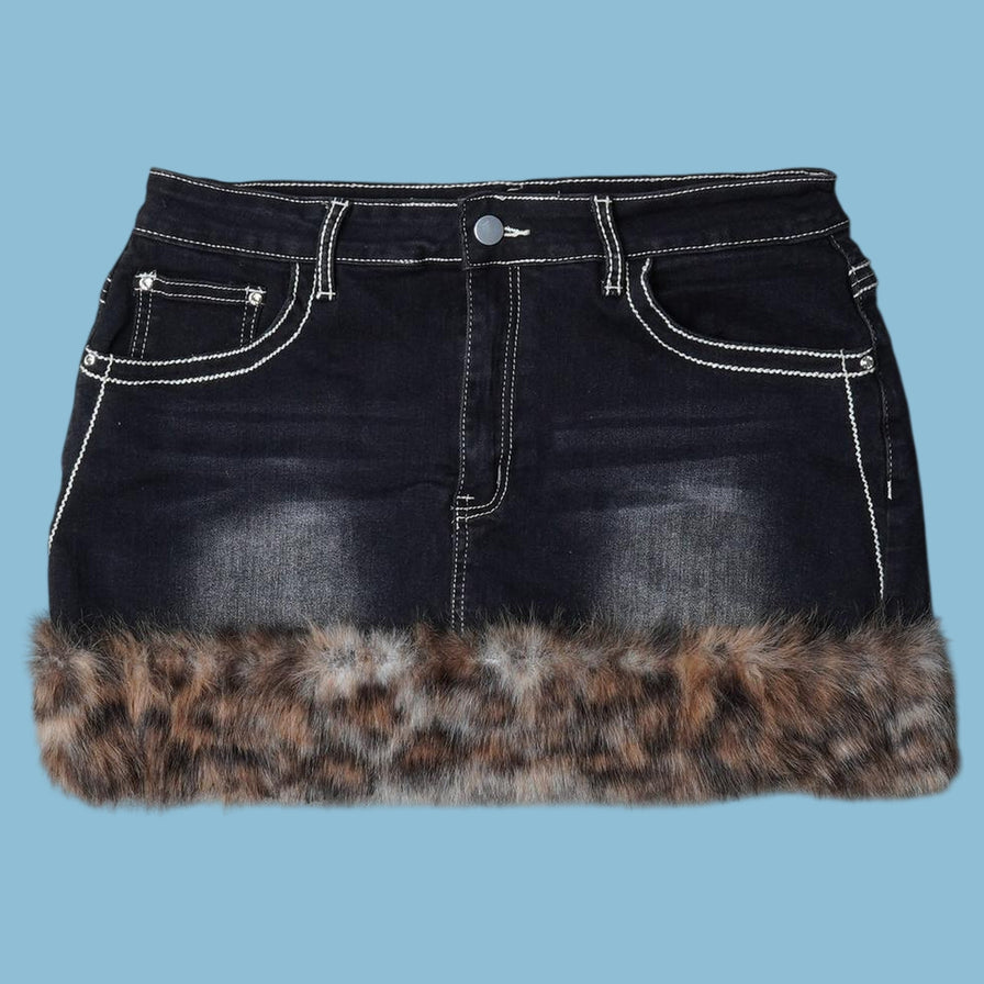 Vintage Y2K Denim Rock mit Fellbesatz - S