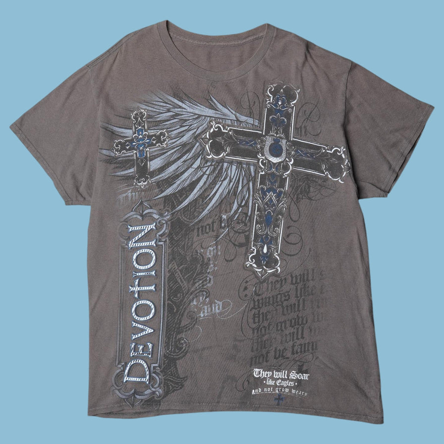Vintage Y2K Devotion Cross Graphic T-Shirt - L