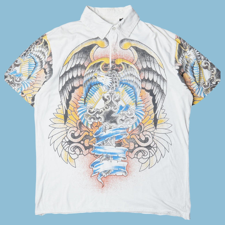 Vintage Y2K Eagle Tattoo Print Polo T-Shirt - XL