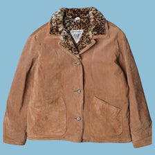Vintage Y2K Leopard Collar Lederjacke - L