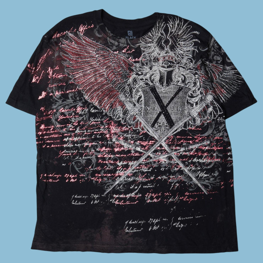 Vintage Y2K Rhinestone Wings Cross T-Shirt - XL