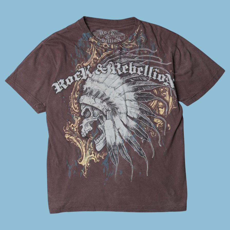 Vintage Y2K Rock & Rebellion Skull Native T-Shirt - S