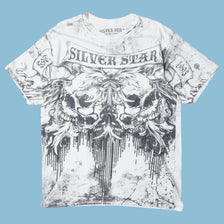 Vintage Y2K Silver Star Skull Graphic T-Shirt - L