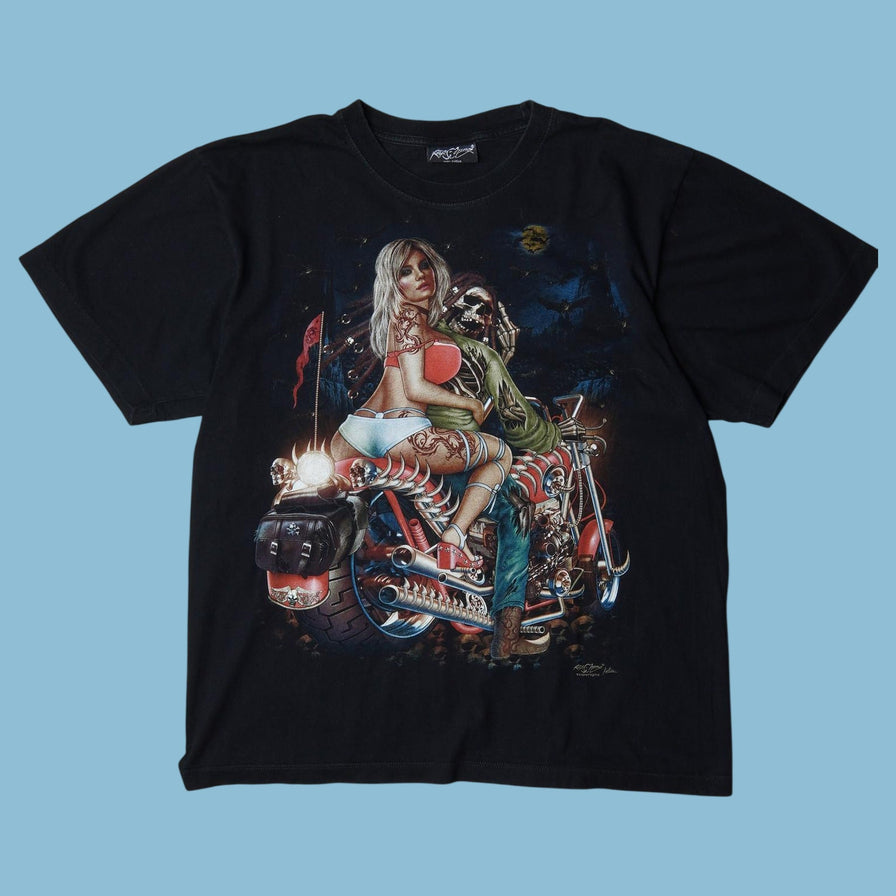Vintage Y2K Skeleton Biker Graphic T-Shirt - L