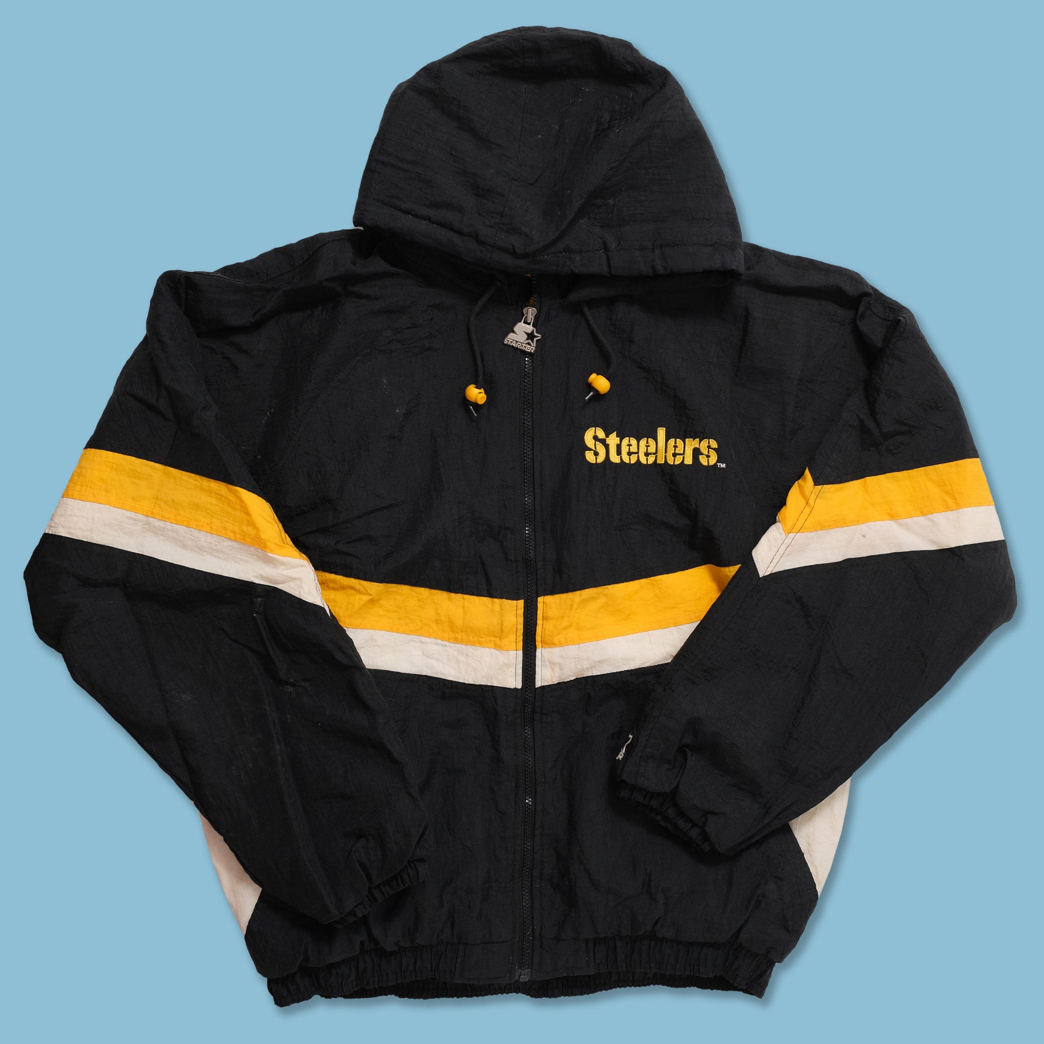 Vintage Steelers Starter Jacket Puffer Hood Black Yellow 