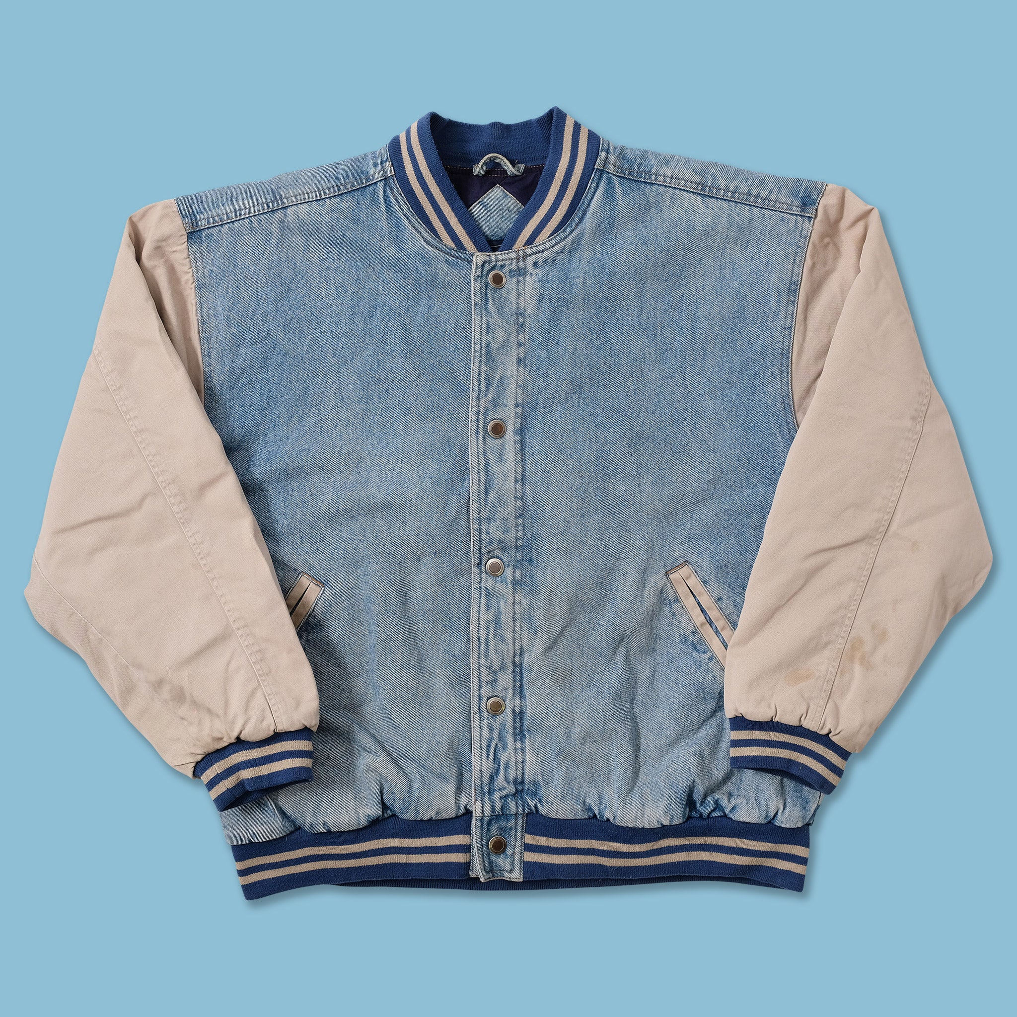 Vintage denim varsity deals jacket with khaki sleeves