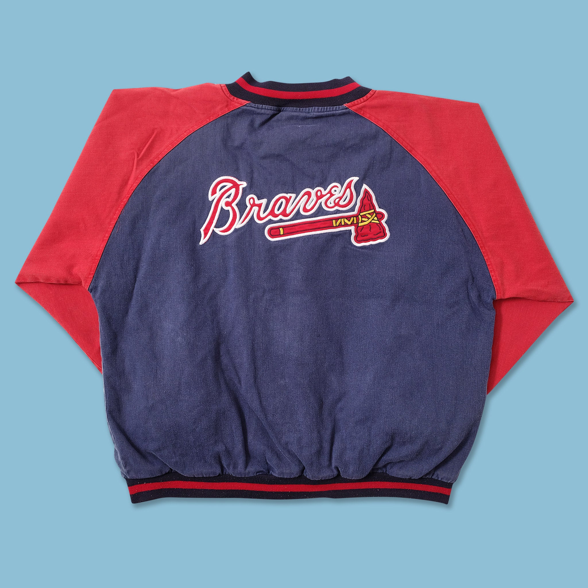 VTG RARE ATLANTA BRAVES STARTER PINSTRIPED BUTTON UP BOMBER JACKET MENS  LARGE