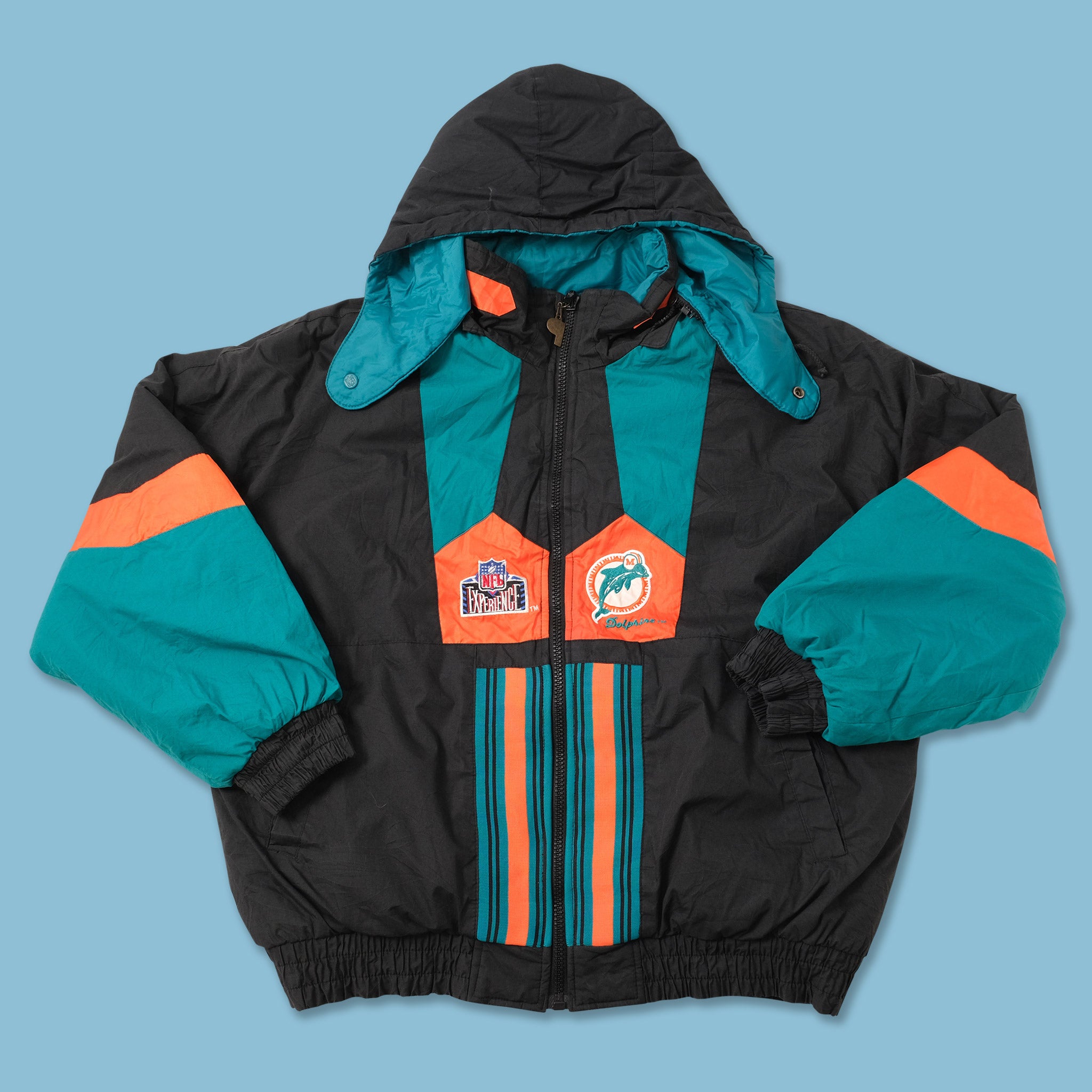 Vintage 90s Miami dolphins NFL hooded puffer jacket. High-quality